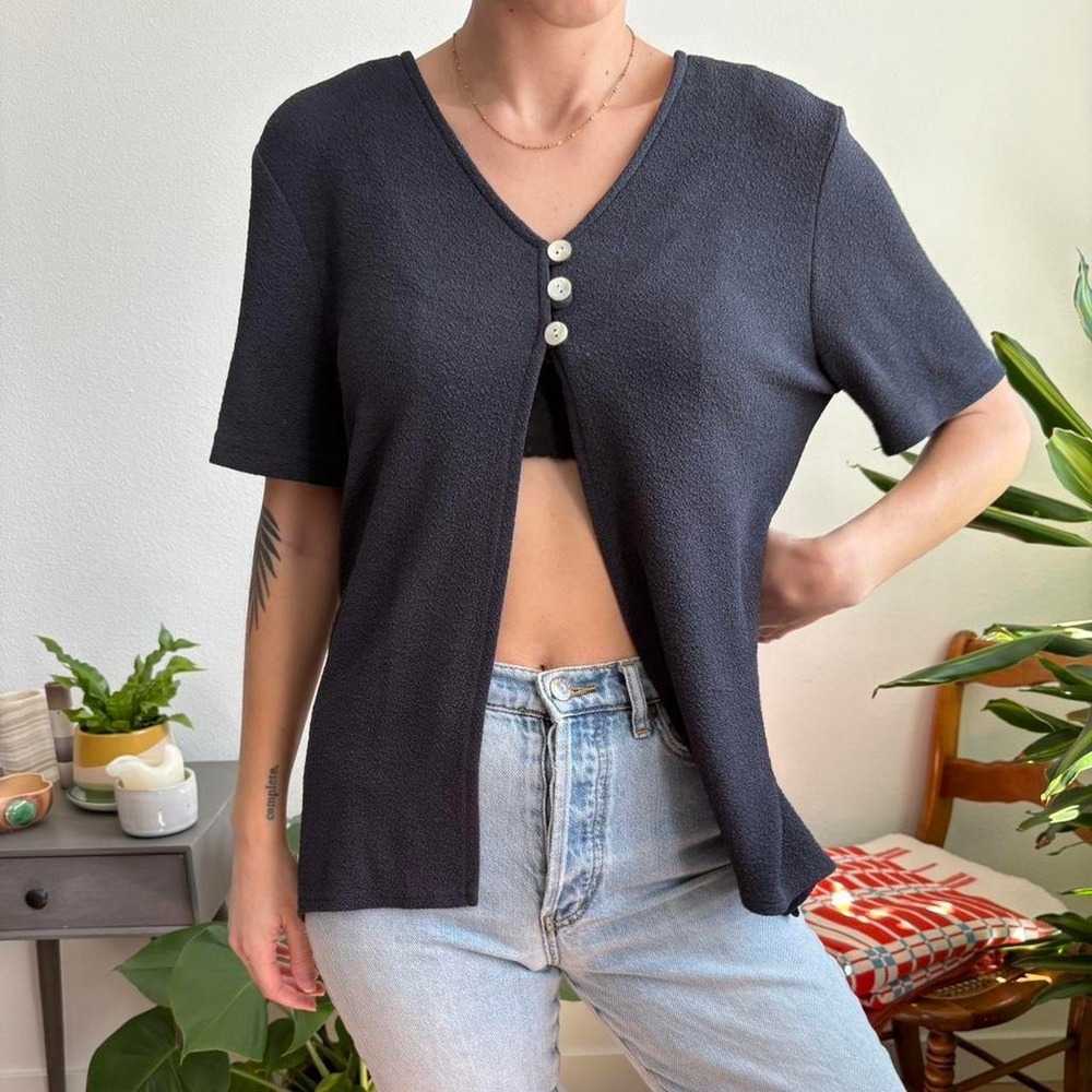 I.S.B. Inc Vintage 90s Navy Crepe Button Front Short Sleeve Top